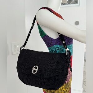 Aimee Kestenberg Black Lizard Embossed Leather Shoulder Bag Silver